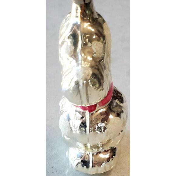 VTG Ornament German or Russian Silver Glass Dog w/ Pink Bow Snow Tufts Textured - Picture 2 of 12